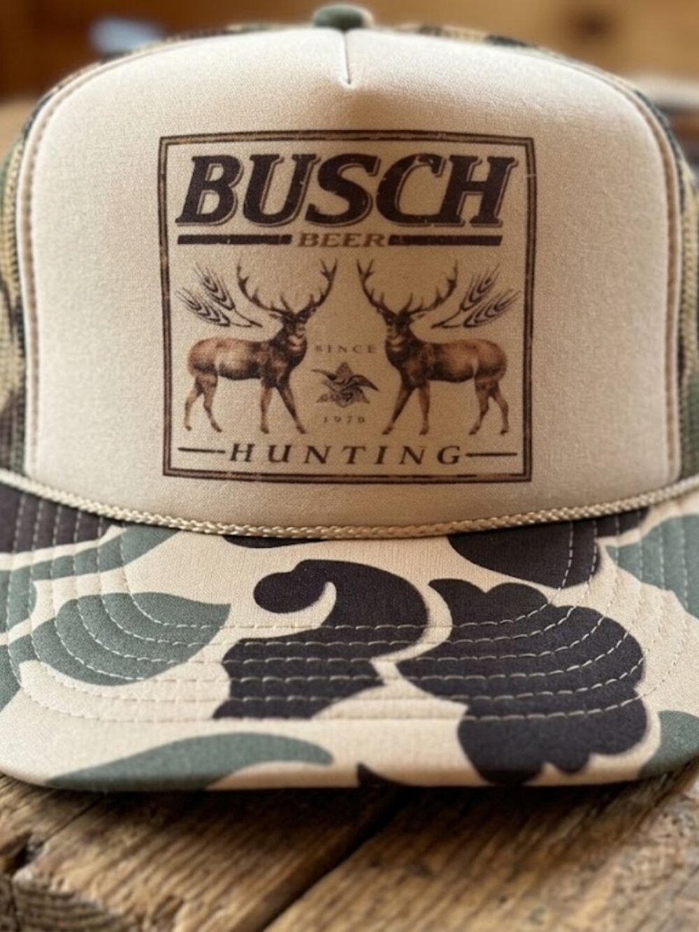 Retro Busch Beer Hat Hunting Deer Camo Foam Rope Snapback Trucker Cap USA Print